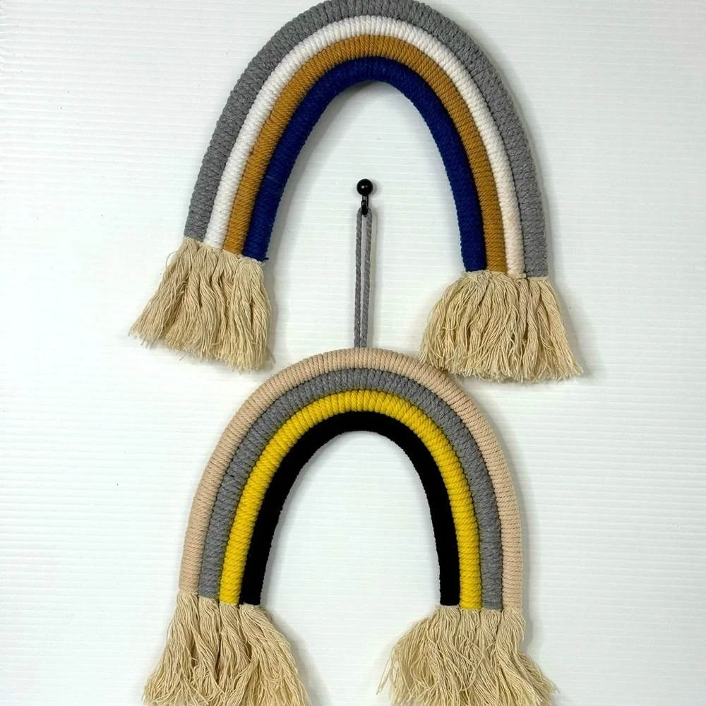 Woven Boho Rainbow Macrame Tapestry Wall Hanging Nursery Room Decor Set Of 2